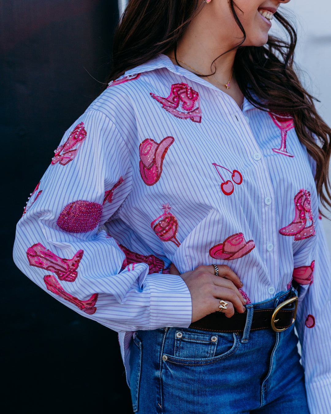 Queen Of Sparkles: Disco Cowgirl Icon Button Up Collared Top in Pink