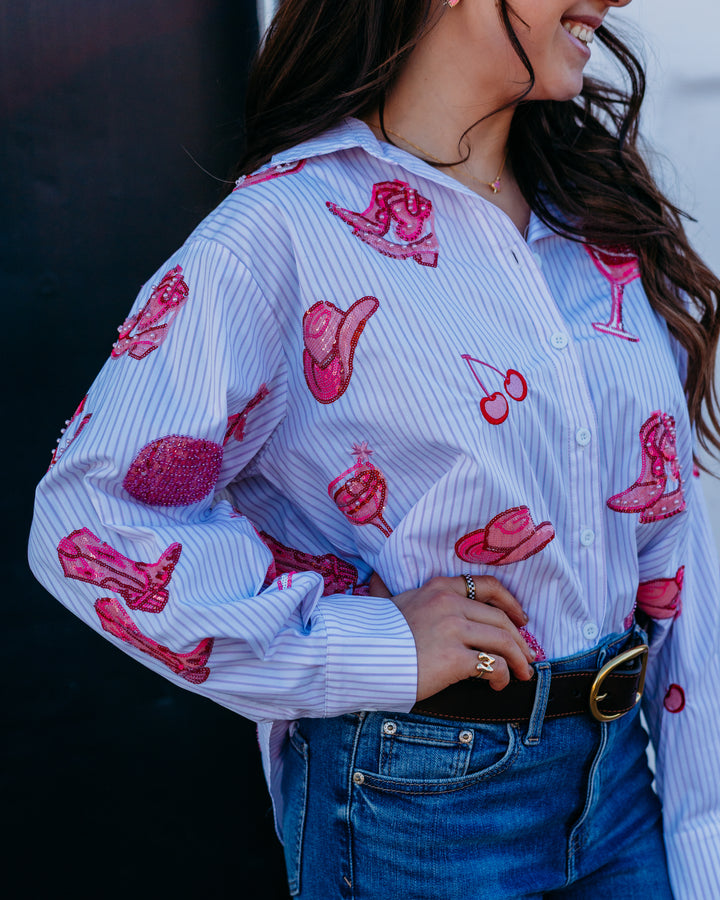 Queen Of Sparkles: Disco Cowgirl Icon Button Up Collared Top in Pink