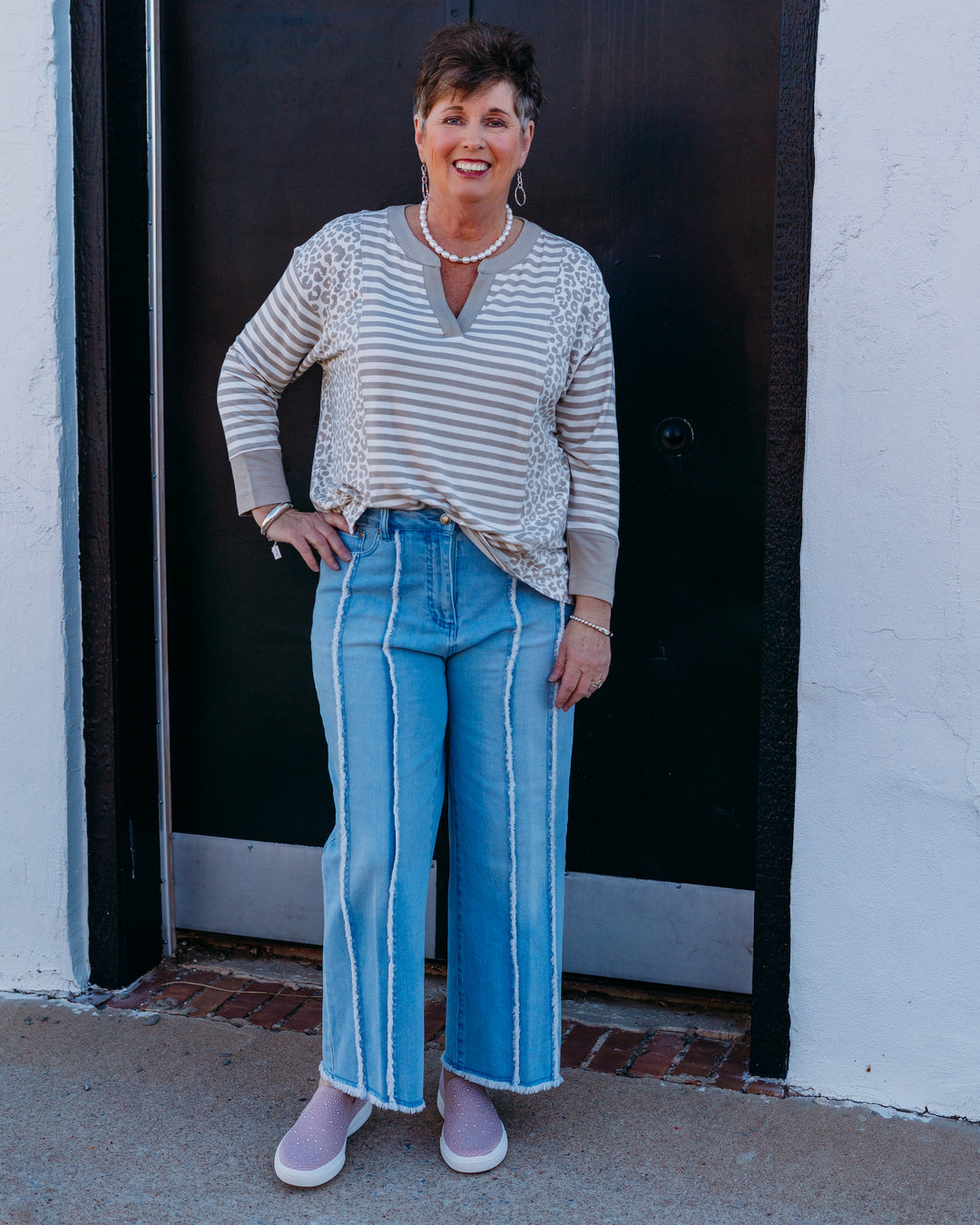 Multiples: (Prelude) Light Tan 3/4 Sleeve Drop Shoulder Band Collar Top (M16207TM)