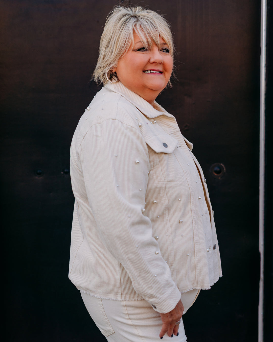 Multiples: (Snow Leopard) Pearl Frayed Hem Cord Jacket in Cotton M45503JM - The Vogue Boutique