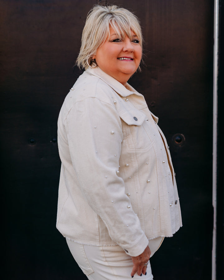 Multiples: (Snow Leopard) Pearl Frayed Hem Cord Jacket in Cotton M45503JM - The Vogue Boutique