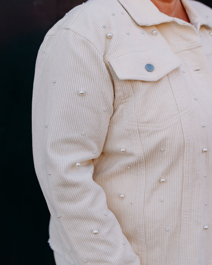 Multiples: (Snow Leopard) Pearl Frayed Hem Cord Jacket in Cotton M45503JM - The Vogue Boutique