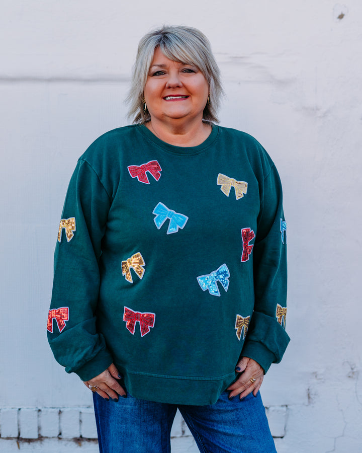 Jodifl: Hunter Green Sequin Bow Sweatshirt (G13286)