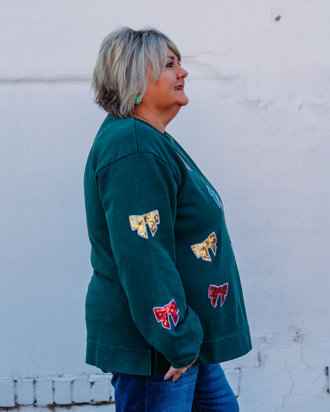 Jodifl: Hunter Green Sequin Bow Sweatshirt (G13286)