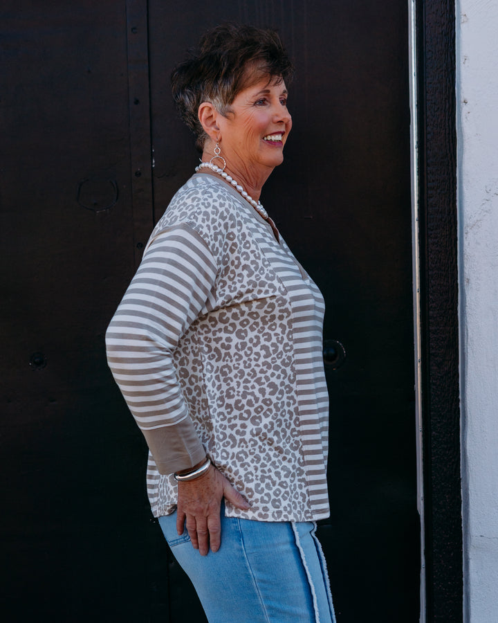 Multiples: (Prelude) Light Tan 3/4 Sleeve Drop Shoulder Band Collar Top (M16207TM)