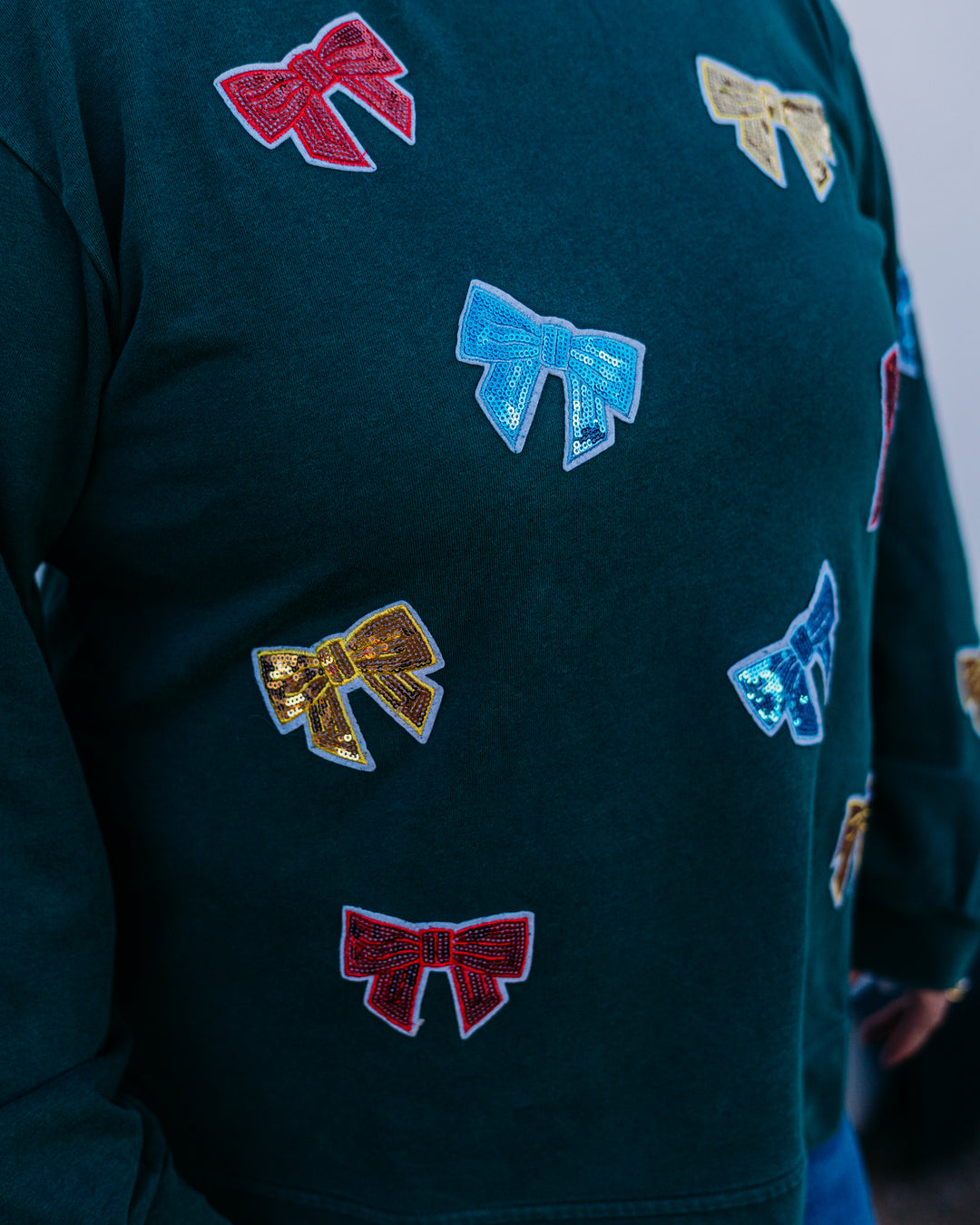 Jodifl: Hunter Green Sequin Bow Sweatshirt (G13286)