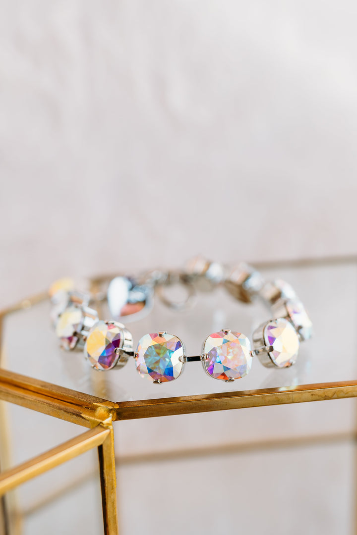 Mariana: Silver Cushion Cut Bracelet in "Clear Aurora Borealis"