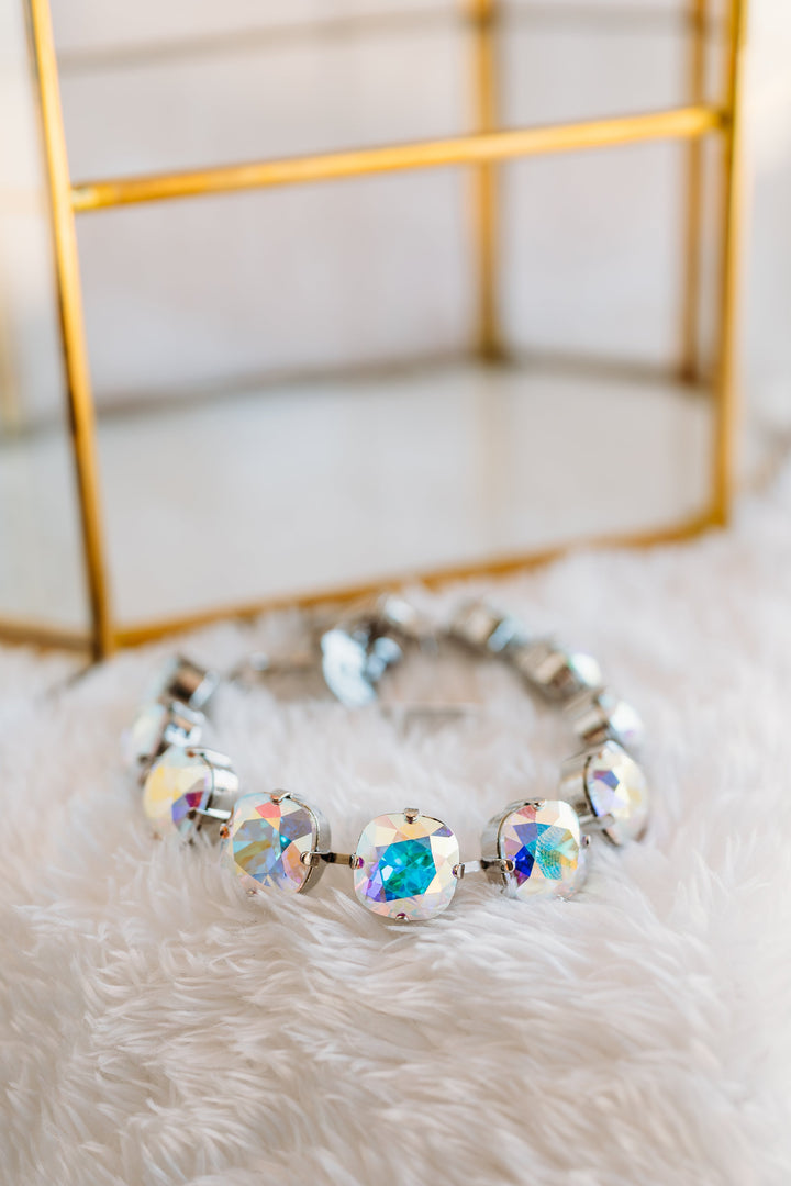 Mariana: Silver Cushion Cut Bracelet in "Clear Aurora Borealis"
