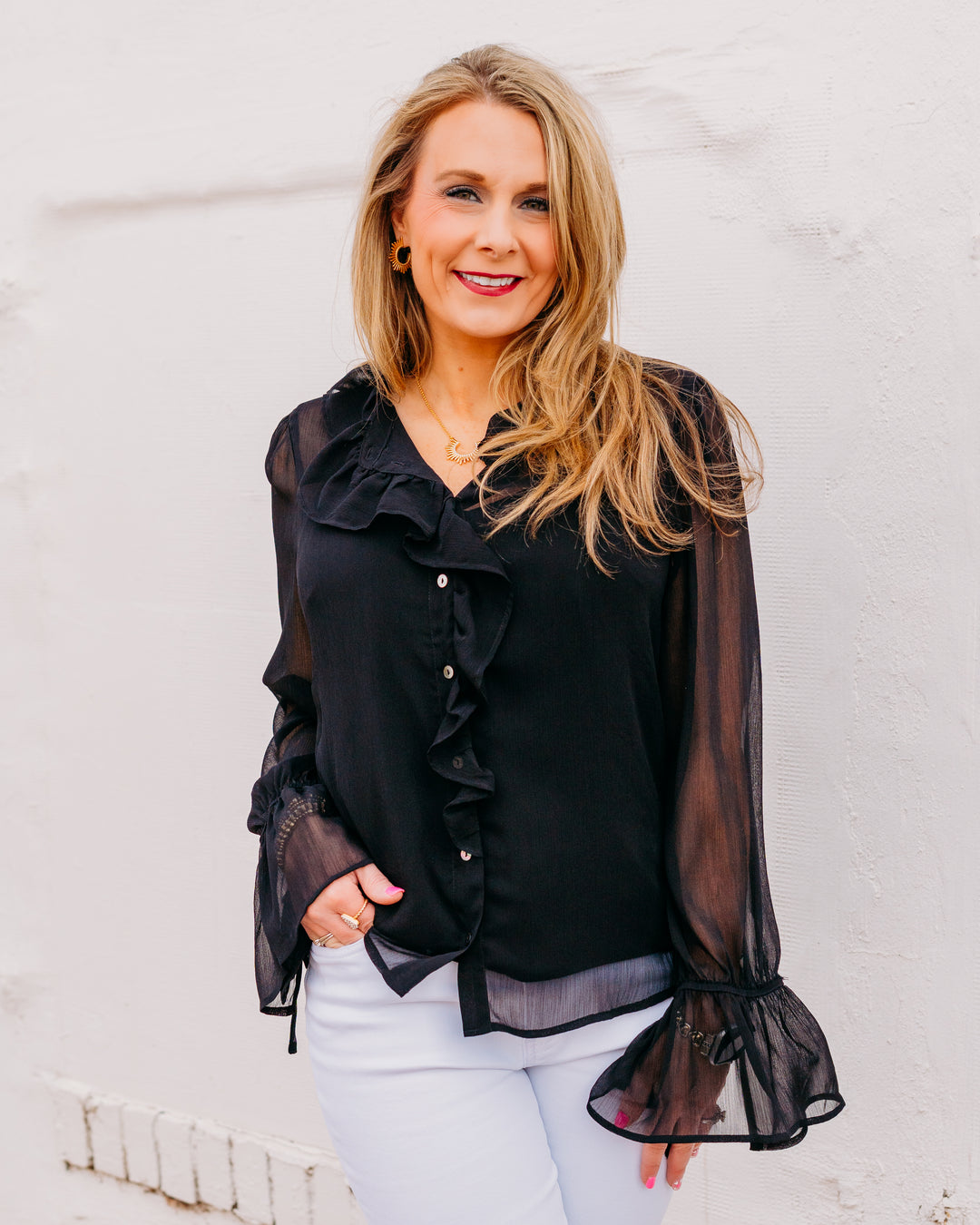 Liverpool: Long Slv Ruffle Front Woven Shirt in Black (LM8K90PC) - The Vogue Boutique