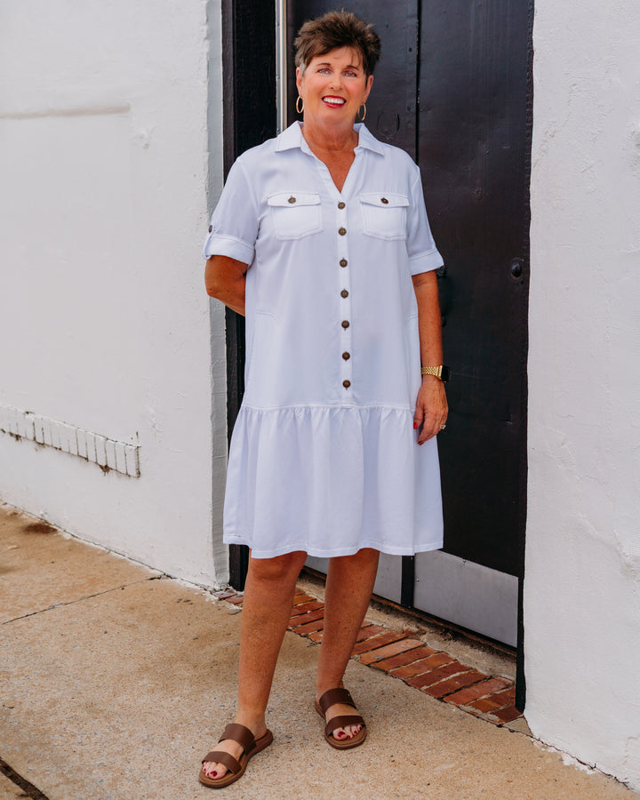 Multiples: Twill & Denim Dress with Flounce Hem in White (M26307DM)