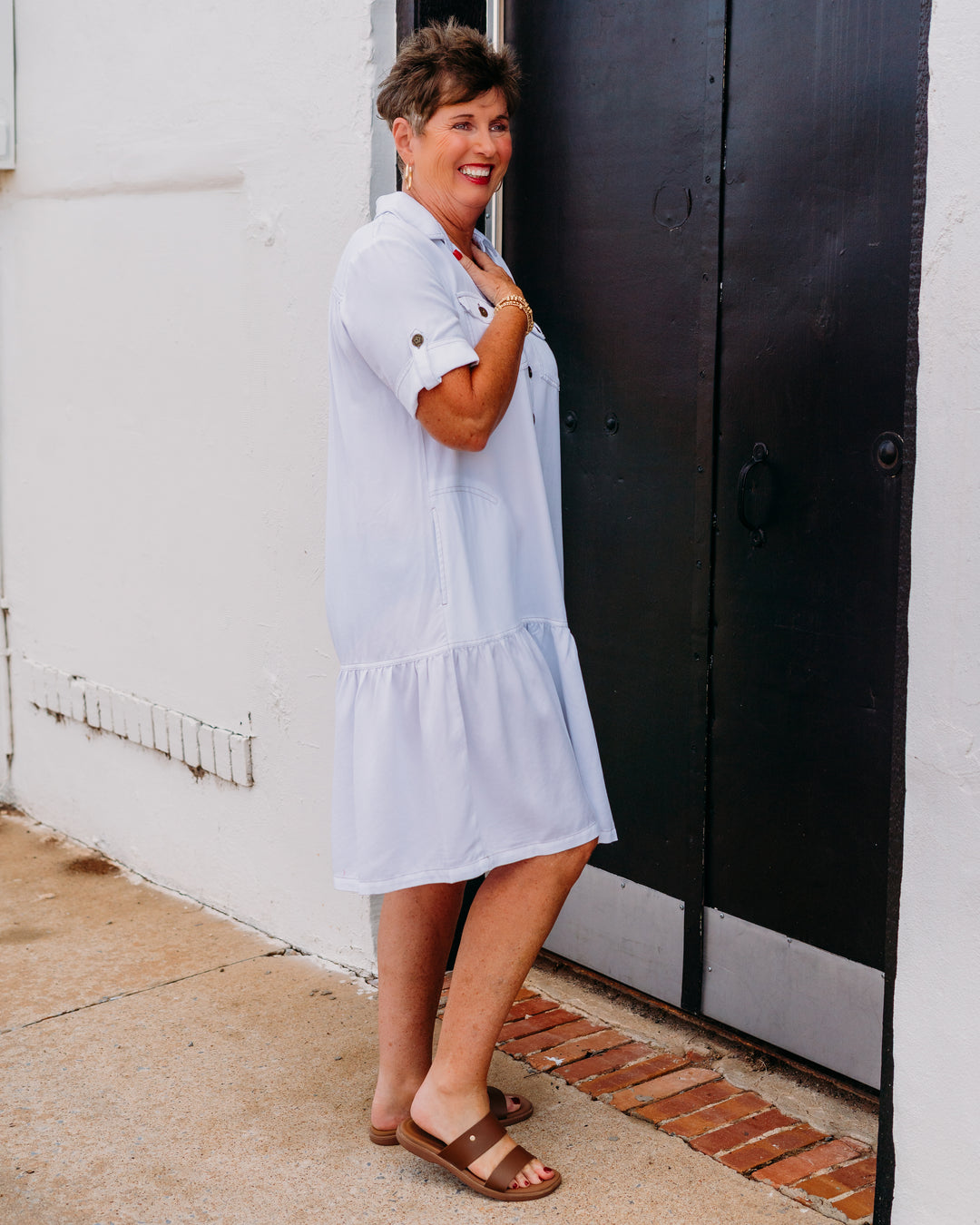 Multiples: Twill & Denim Dress with Flounce Hem in White (M26307DM)