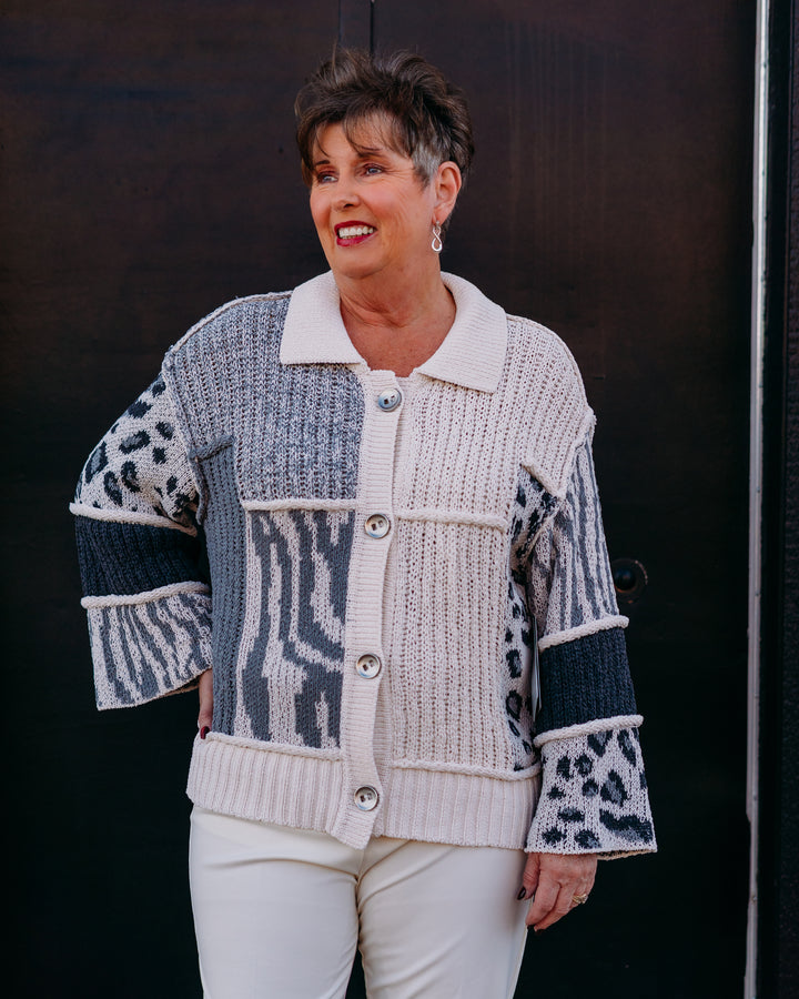 Multiples: (Snow Leopard) 3/4 Sleeve Drop Shoulder Print Knit Cardigan M45501KM