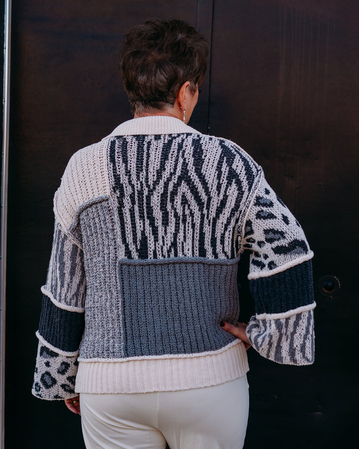 Multiples: (Snow Leopard) 3/4 Sleeve Drop Shoulder Print Knit Cardigan M45501KM