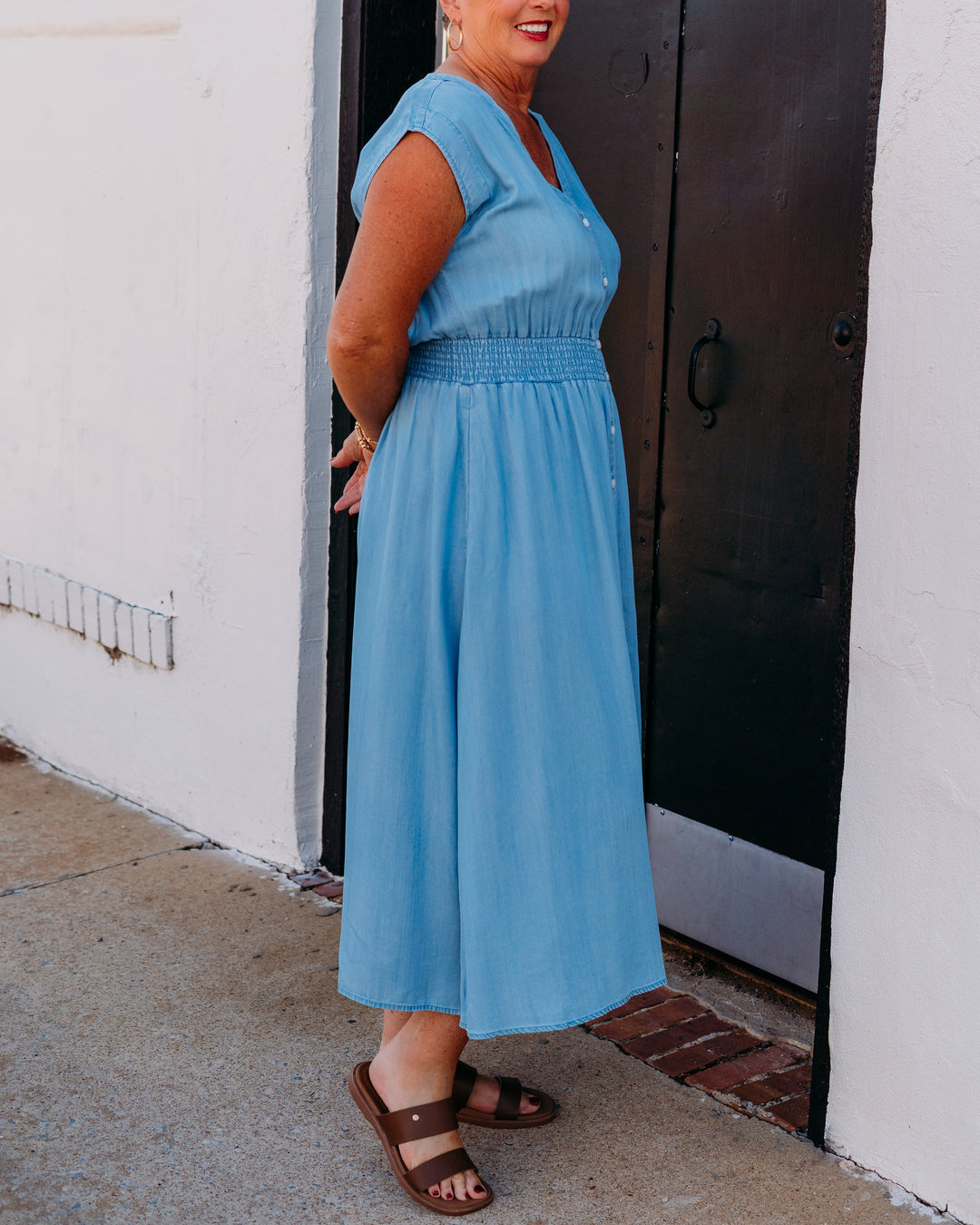 Karen Kane: Smocked Waist Button Up Dress in Chambray (2L46500)