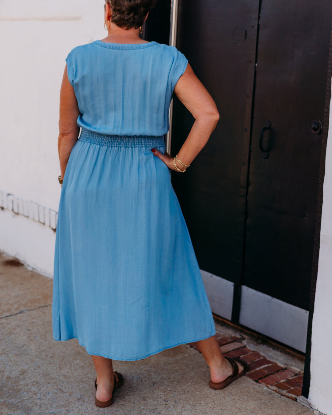Karen Kane: Smocked Waist Button Up Dress in Chambray (2L46500)