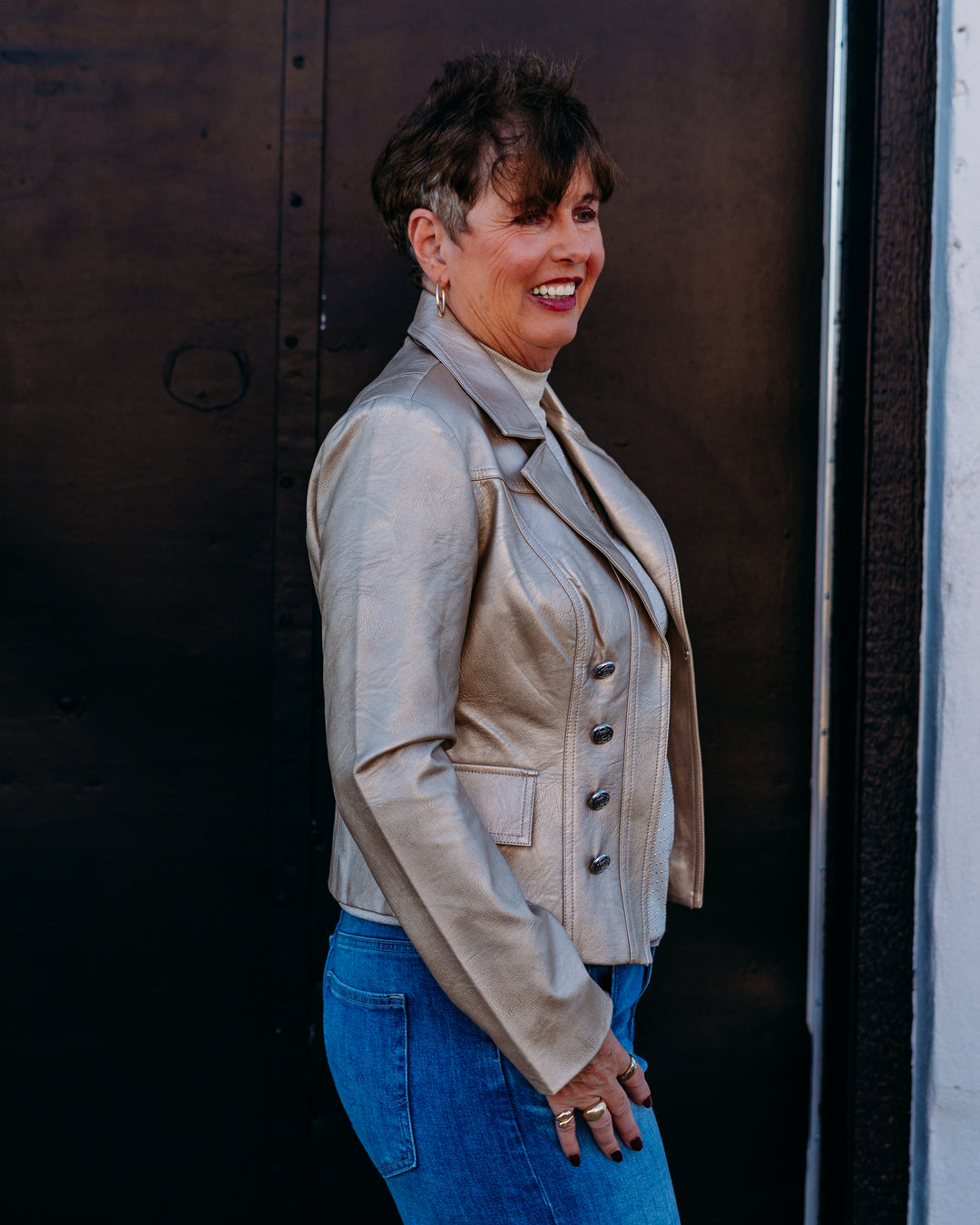 Joseph Ribkoff: Leatherette Notched Collar Fitted Jacket in Gold