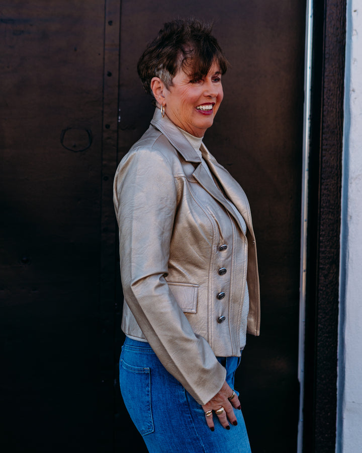 Joseph Ribkoff: Leatherette Notched Collar Fitted Jacket in Gold