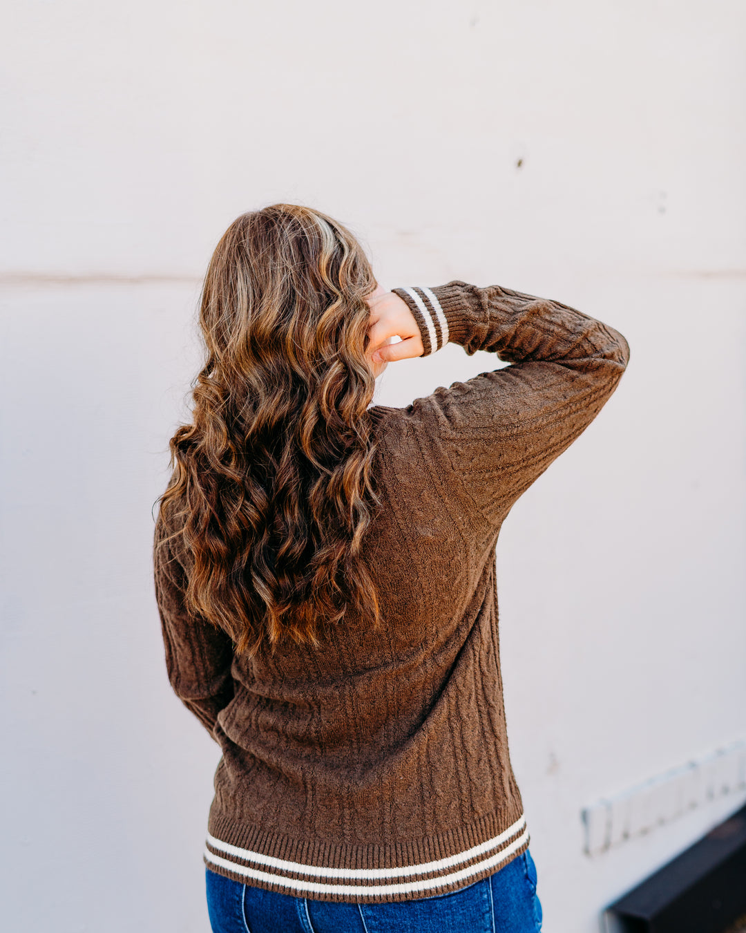 Glyder: Hanalei Cable Knit Sweater in Chocolate and Oatmilk