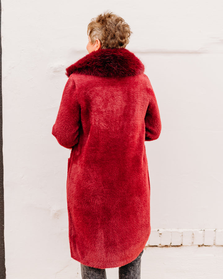 Joseph Ribkoff: Feather Yarn and Faux Fur Sweater Coat in Merlot (243923F25)