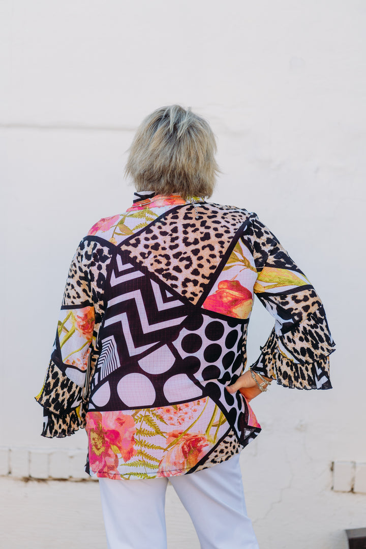 Multiples: DBL Peated Flounce 3/4 Sleeve Button Top in Multi M15407JM