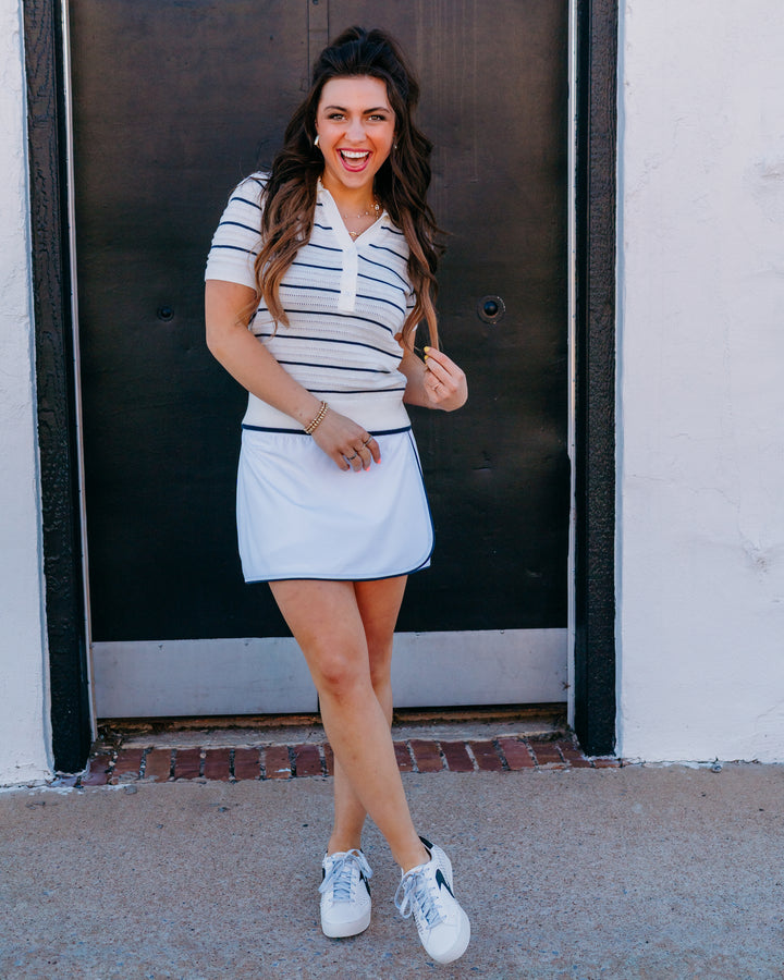 Varley: Wren Knit Polo in White / Blue Nights (VAR03116) - The Vogue Boutique