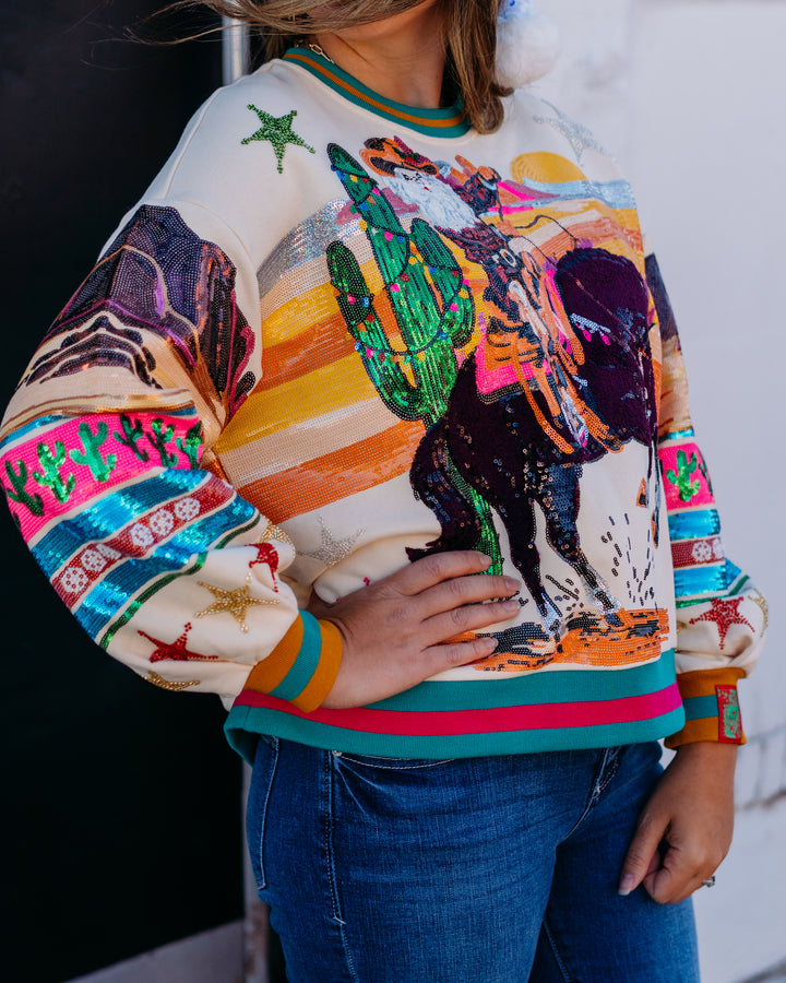 Queen Of Sparkles: Multi Vintage Cowboy Santa Sweatshirt