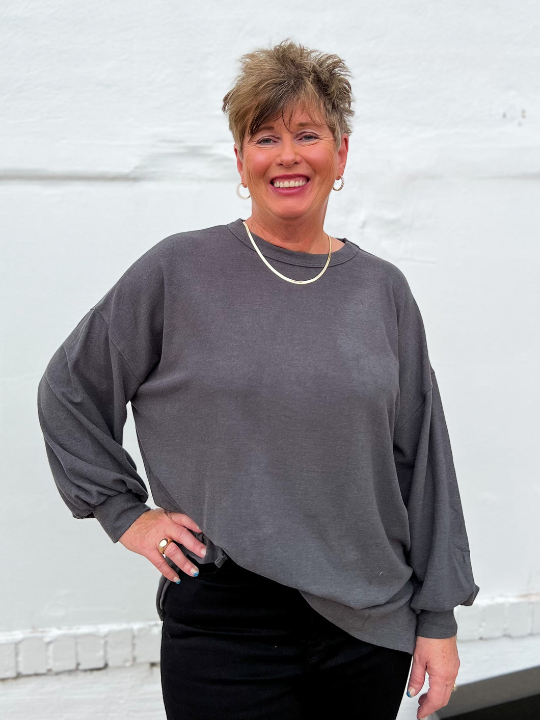 Glam: Long Sleeve Knit Top in Charcoal