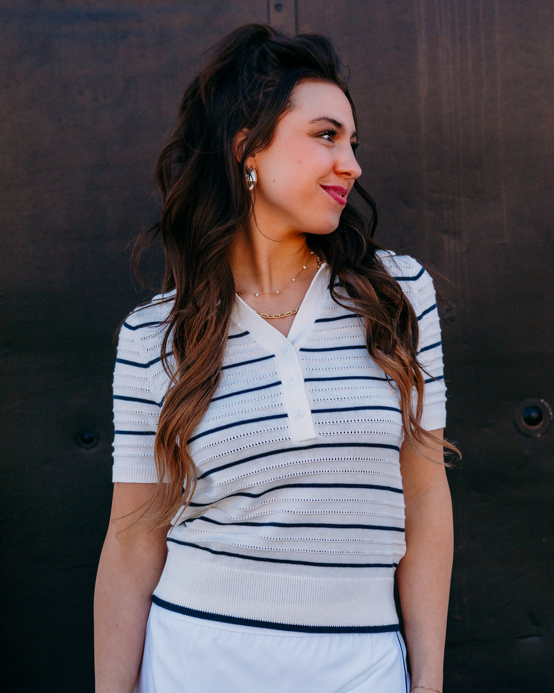 Varley: Wren Knit Polo in White / Blue Nights (VAR03116) - The Vogue Boutique