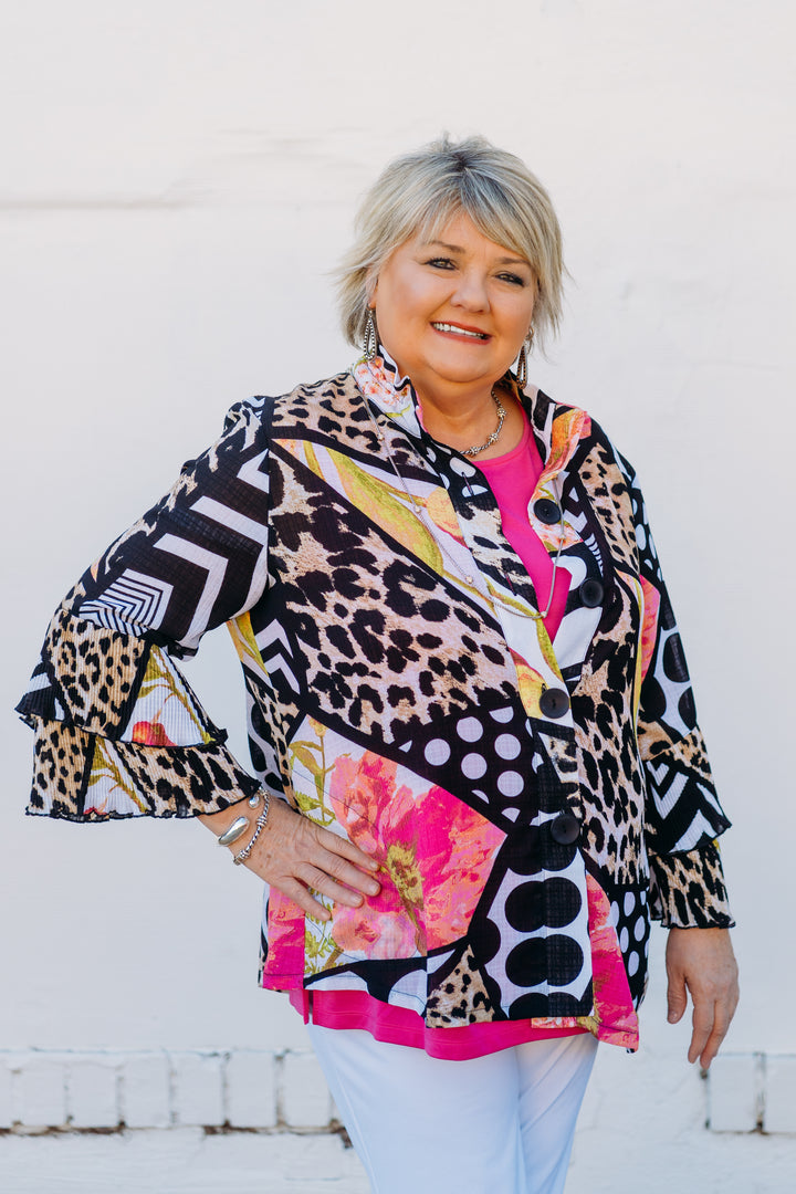 Multiples: DBL Peated Flounce 3/4 Sleeve Button Top in Multi M15407JM