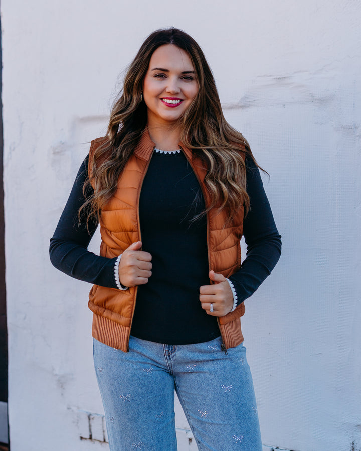 Liverpool: Sleeveless Quilted Front Full Zip Sweater Vest in Tumeric