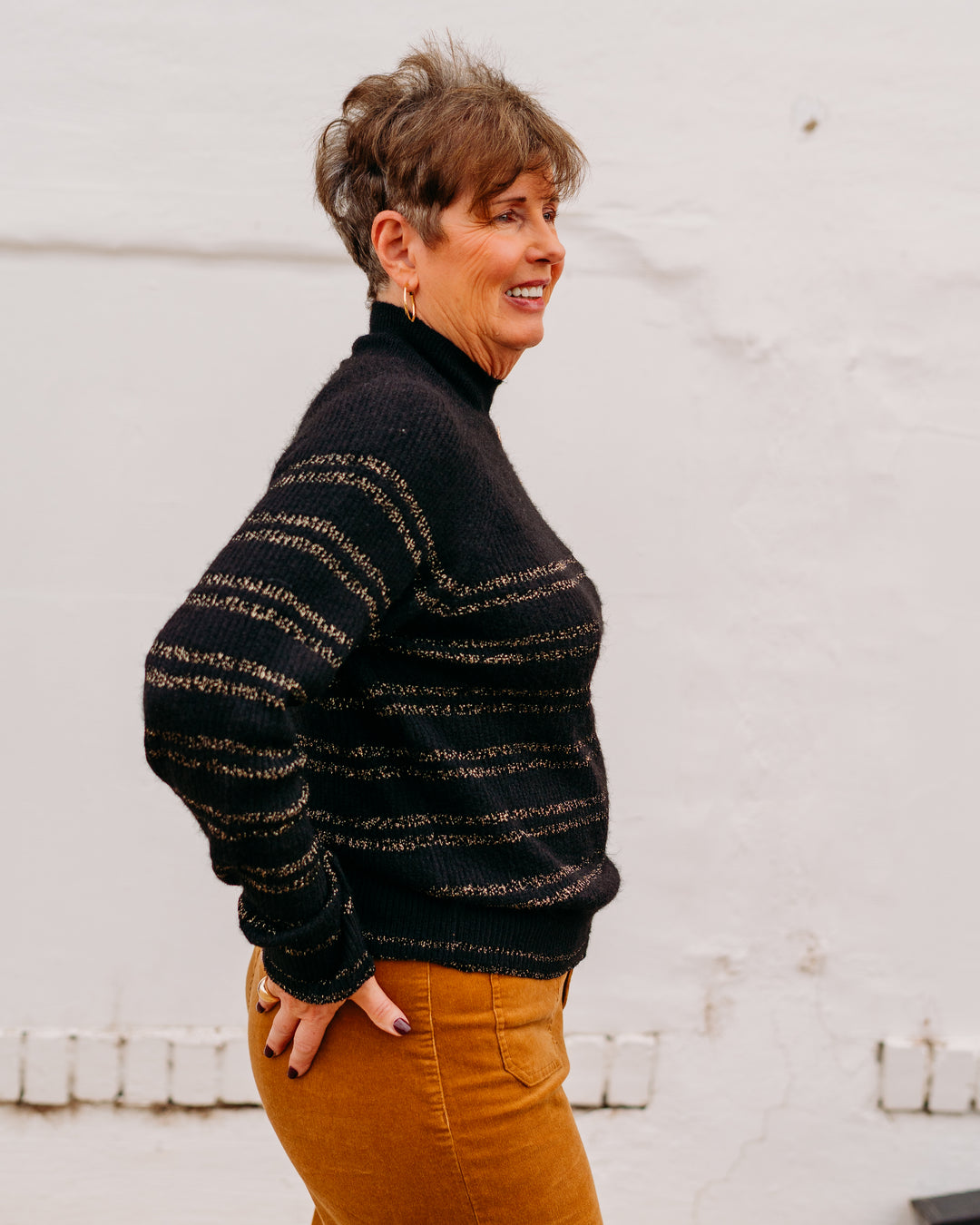 Charlie B: Striped Mock Neck Reglan Sleeves Sweater With Button Details in Black