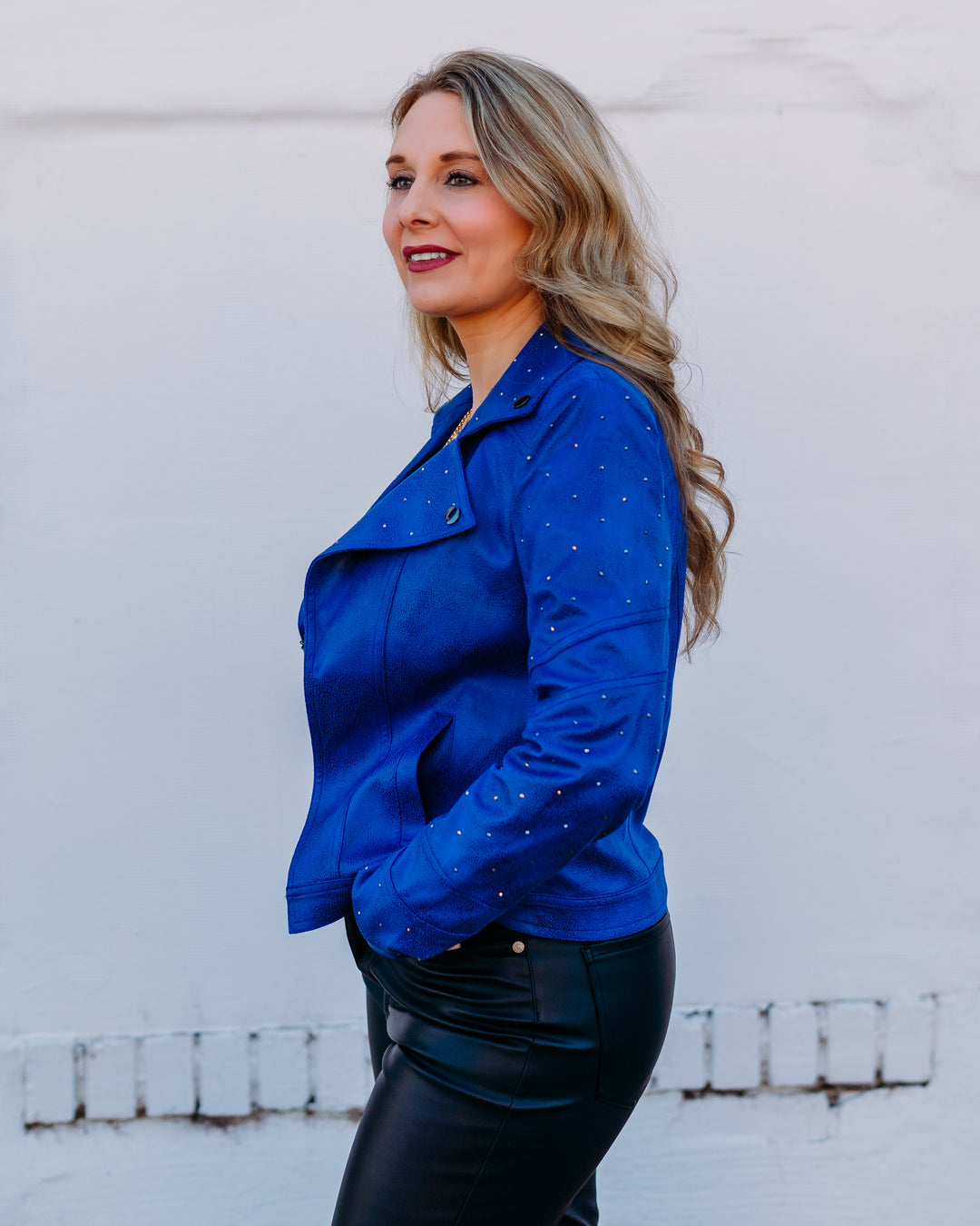 Joseph Ribkoff: Foiled Faux Suede Fitted Jacket with Rhinestones in Royal Sapphire