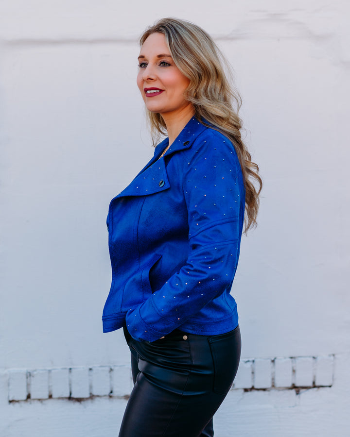 Joseph Ribkoff: Foiled Faux Suede Fitted Jacket with Rhinestones in Royal Sapphire