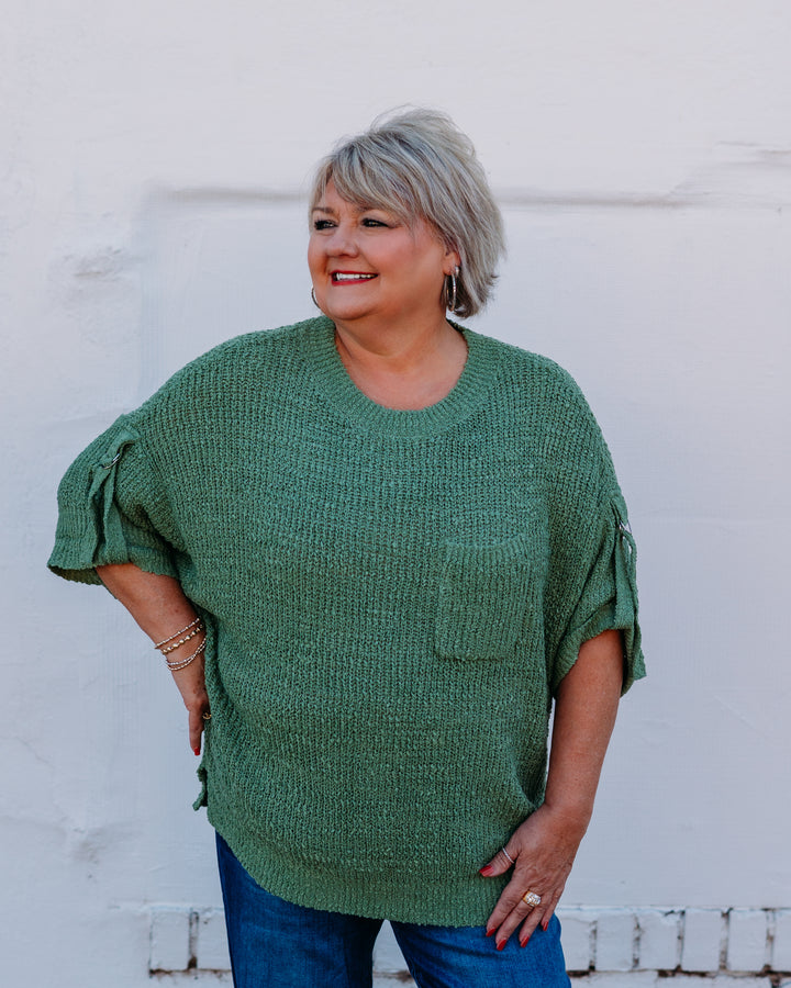 Tru Luxe: Roll Sleeve Crew Neck Sweater in Herb