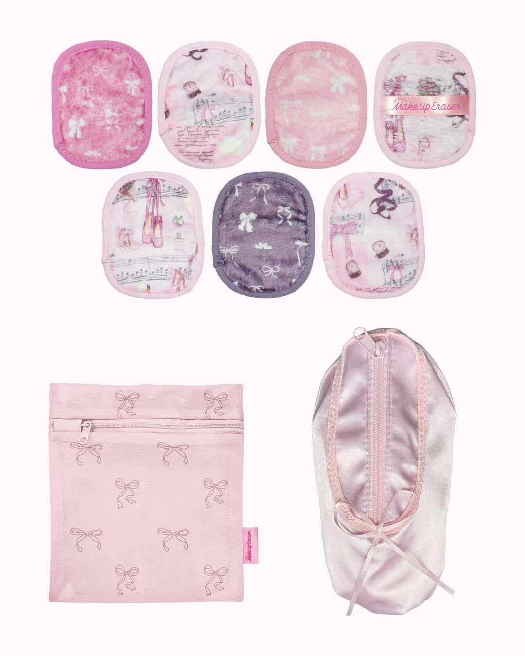 Ballet Core MakeUp Eraser 7-Day Set with pink themed cloths in satin pointe shoe case