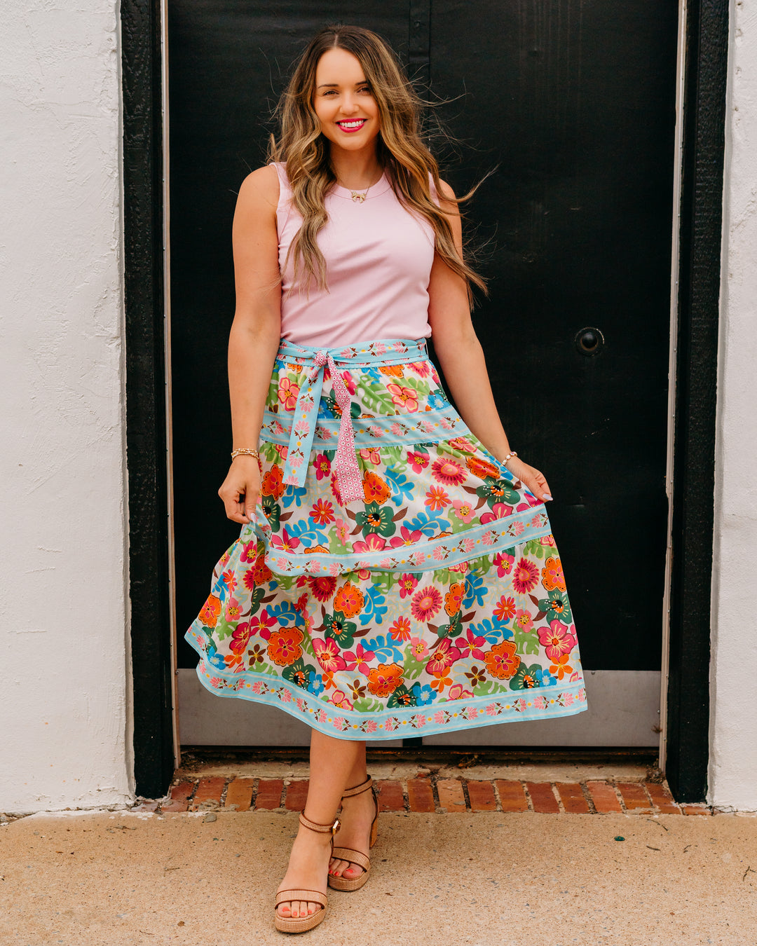 John Mark: Floral Tiered Skirt With Tie And Elastic Waist (J26457SM)
