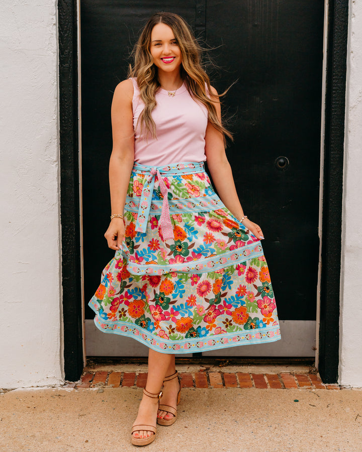 John Mark: Floral Tiered Skirt With Tie And Elastic Waist (J26457SM)