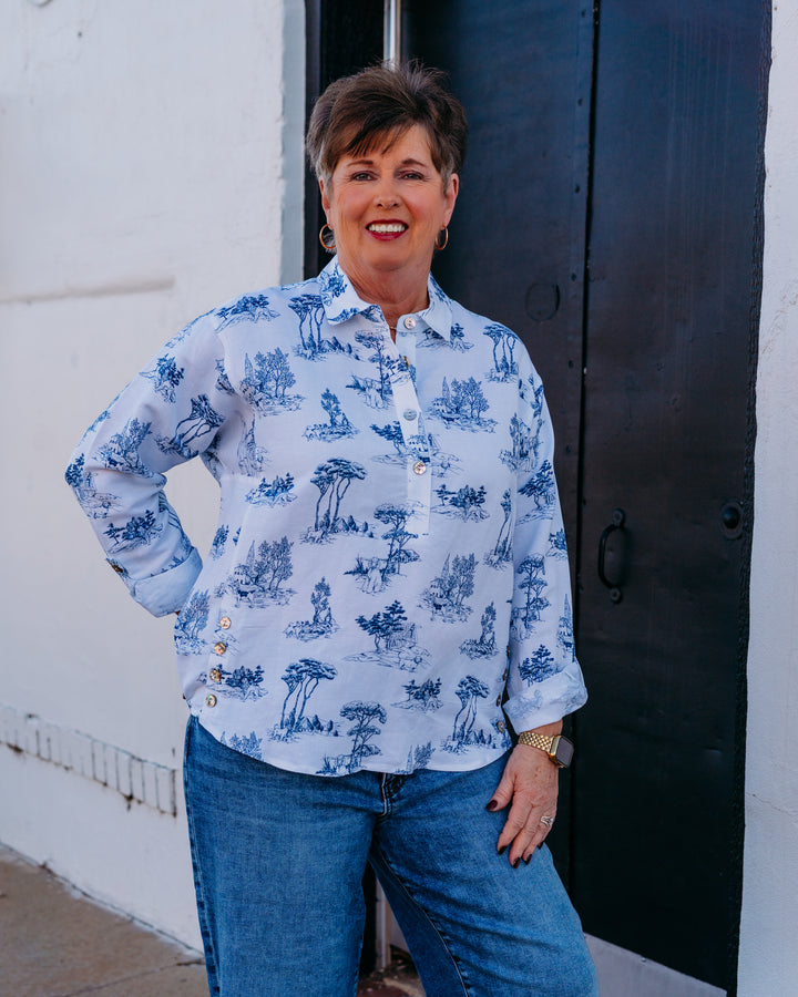 Multiples: Roll Tab Cuff L/S Bttn Frt Plkt Hi-Lo P/O Shirt Top in Chmprt (M16503TM)