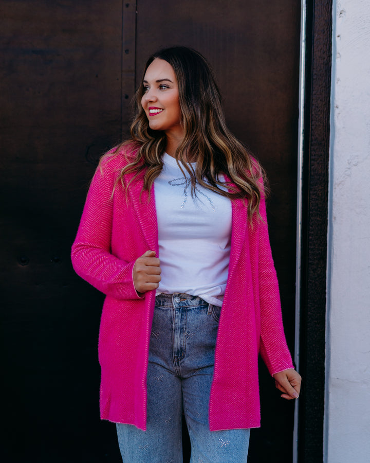 Liverpool: Long Sleeve Open Front Sweater Coat in Deep Raspberry