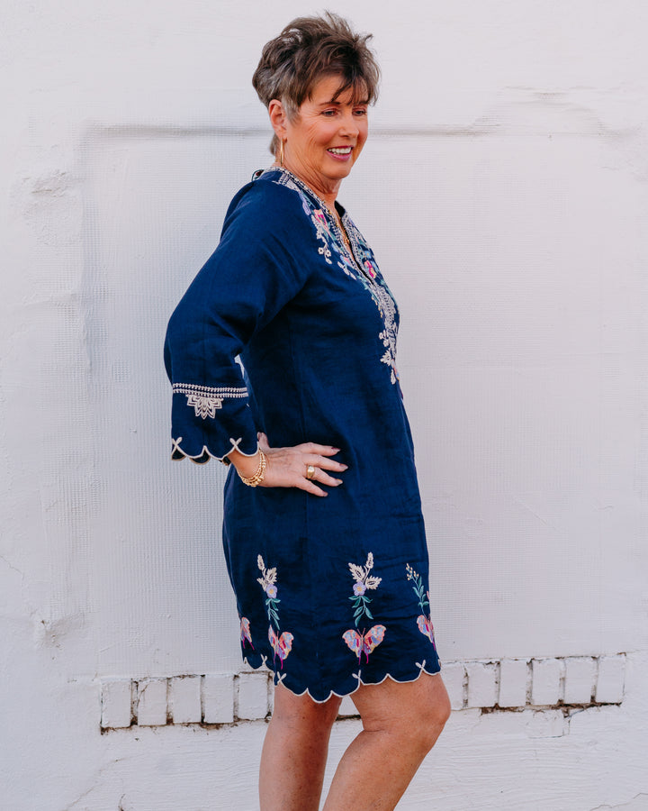 Johnny Was: Linen Scallop Dress in Arva in Blue Night (J31826)