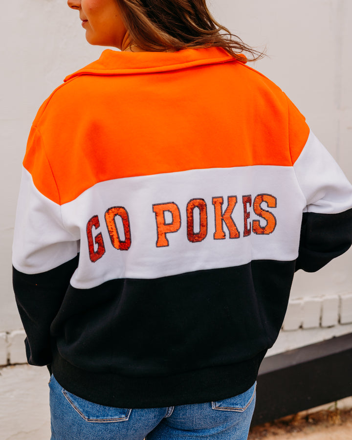 Queen of Sparkle: Licesened OK State Quarter Zip Colorblock Sweatshirt