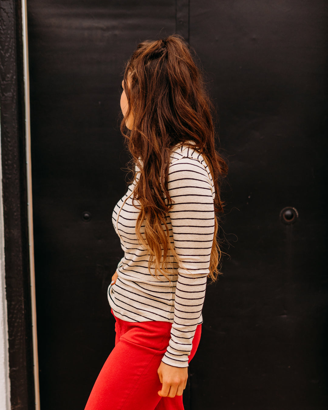 Z Supply: Eve Stripe Henley Long Sleeve in Light Oatmeal Heather