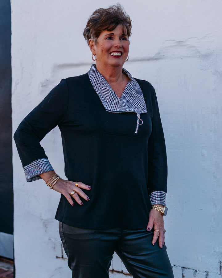 Multiples: (Merry & Bright) black Plaid Cuffed 3/4 Sleeve Knit Top M45605TM