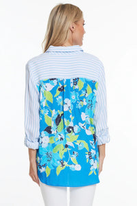 Multiples: Roll Tab Long Sleeve 3-Pocket Button Front Mixed Print Crinkle Woven Top M24611BM