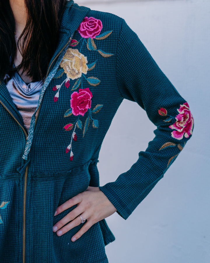 Johnny Was: Peplum Metallic Thermal Hoodie Rosilia in Metallic Emerald Mem