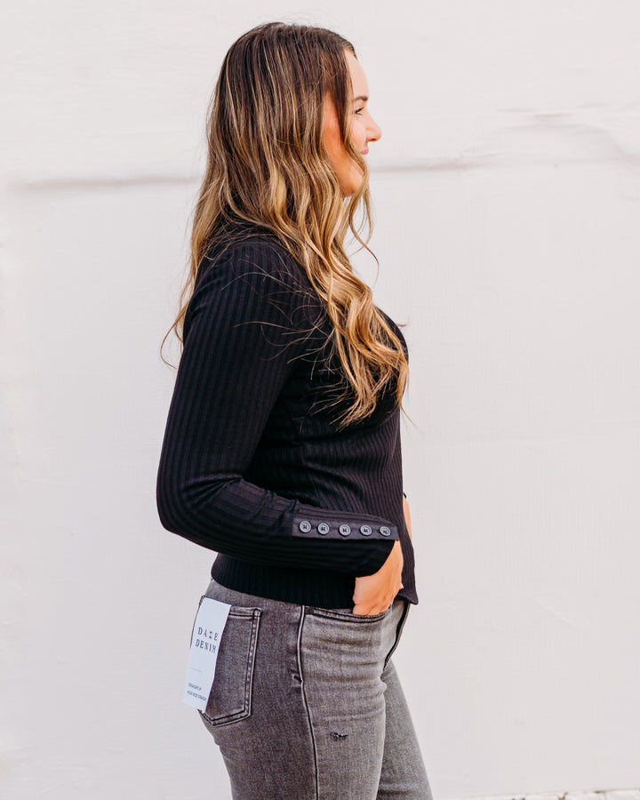 Liverpool: Long Sleeve Mock Neck Knit Top W/ Buttons in Black