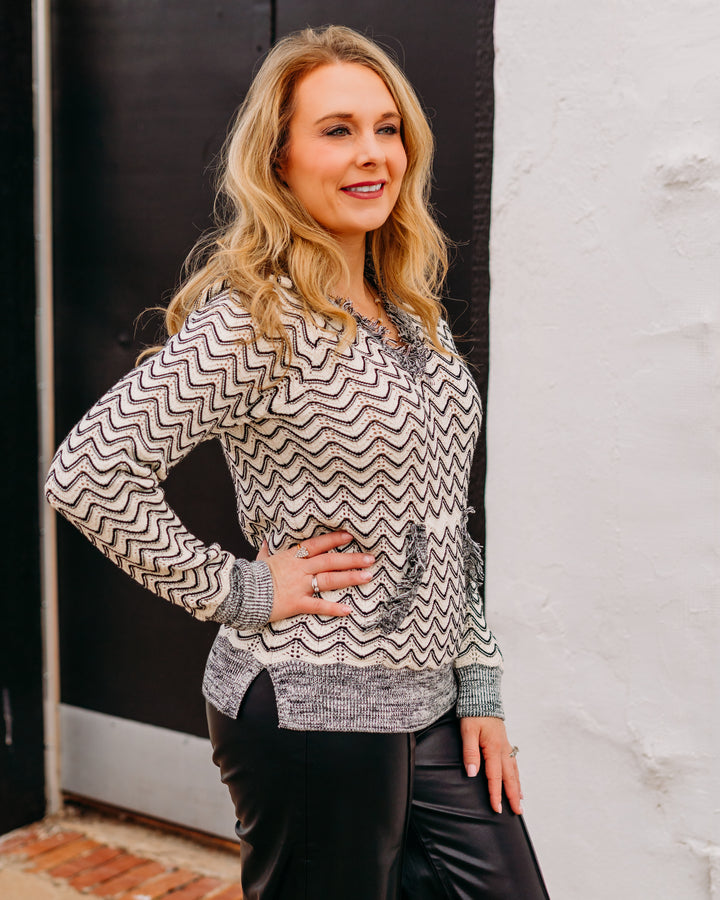 Tribal: Long Sleeve Hooded Sweater W/ Fringe Detail in Charcoal (22760-5143)