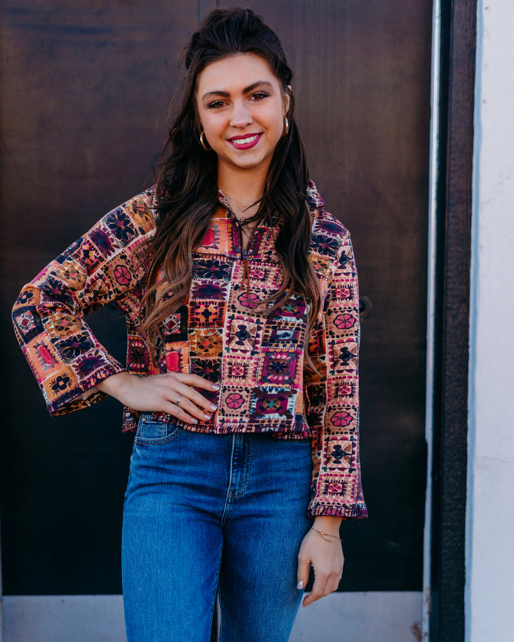 Ivy Jane: Crochet Printed Half Zip in Plum