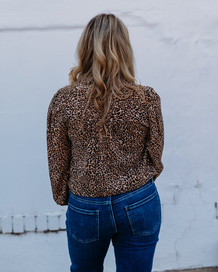 Jodifl: Leopard Long Sleeve Blouse in Taupe