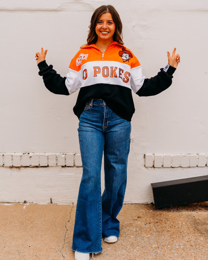 Queen of Sparkle: Licesened OK State Quarter Zip Colorblock Sweatshirt